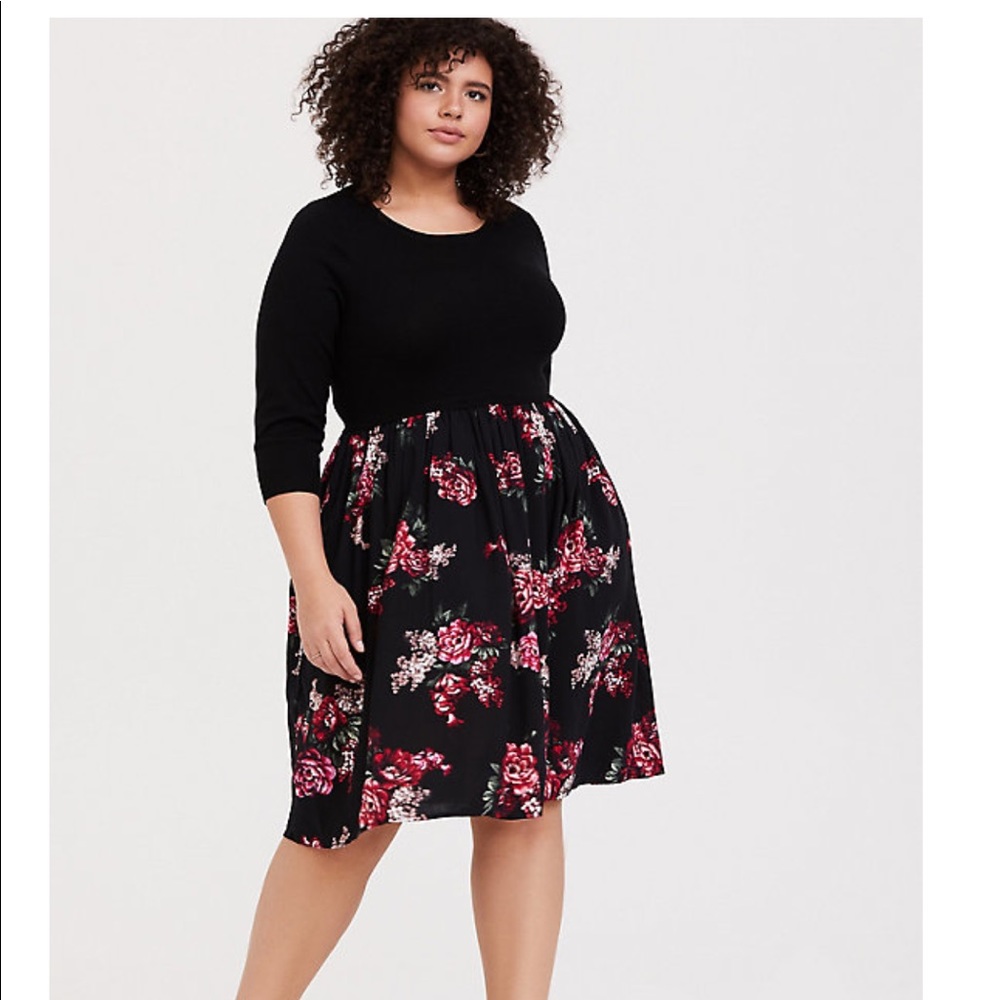 BLACK SWEATER TO RED FLORAL CHALLIS DRESS